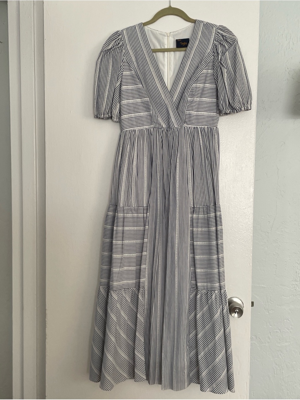 Just...Taylor Blue and White Striped V-Neck Tiered Maxi Dress